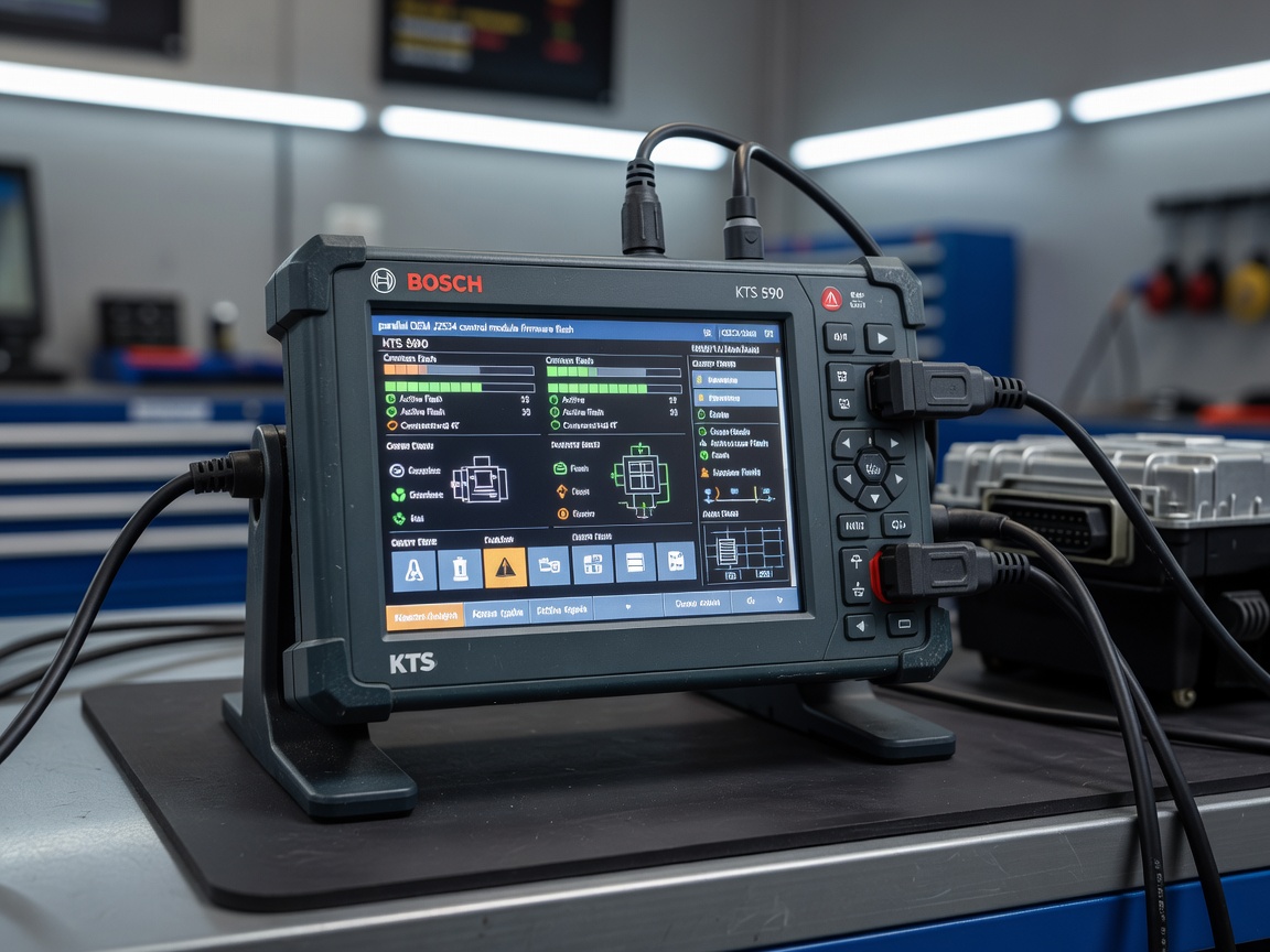 Bosch KTS 590 diagnostic computer running parallel OEM J2534 control module firmware flash