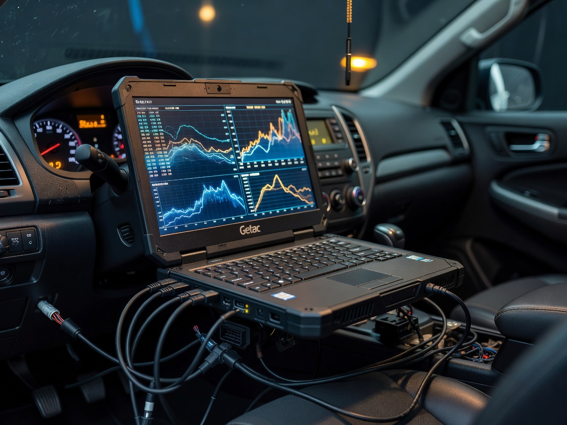 Getac S410 Laptop with multi-channel CAN bus testing tools logging telemetry on vehicle dashboard