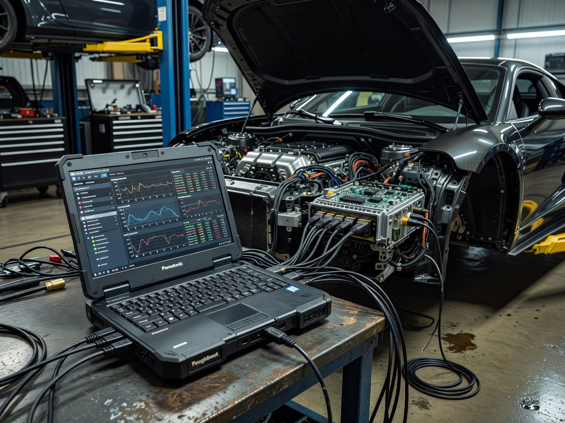 Panasonic Toughbook 55 connected to modern sports car ECU diagnostics interface in automotive development workshop